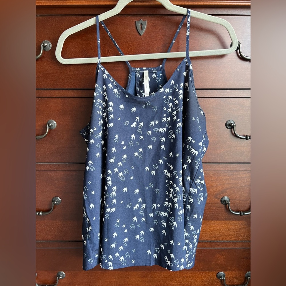 Navy Tank Top with White Doves (spaghetti straps, racer back, loose fit)